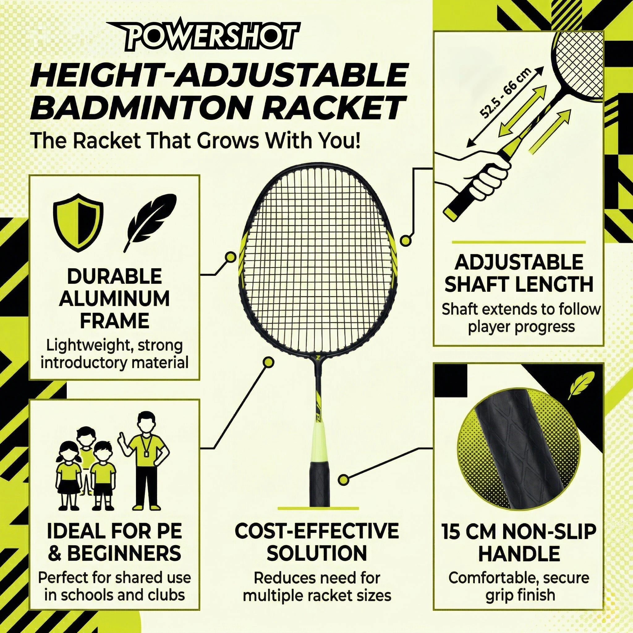 Height adjustable badminton racket - 52.5cm to 66cm Powershot