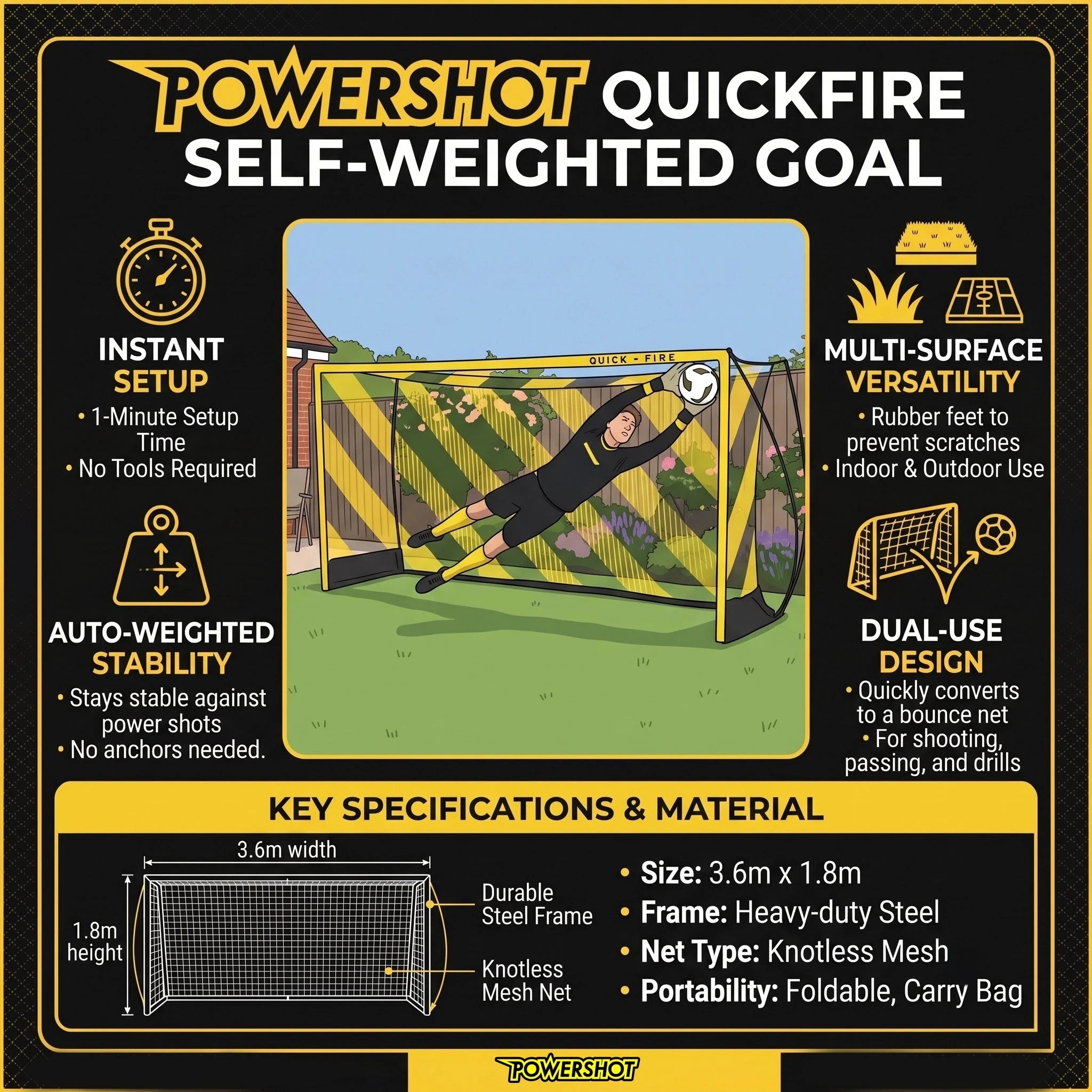 QuickFire® Fußballtor 3,6 x 1,8m - Freistehendes Tor