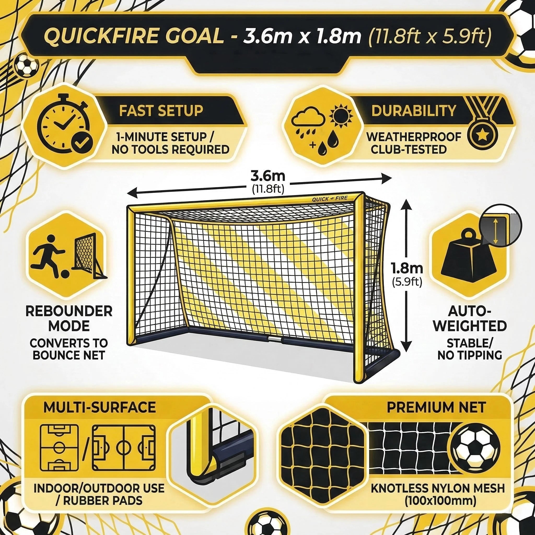 QuickFire® Self-weighted goal - 3.6m x 1.8m Powershot