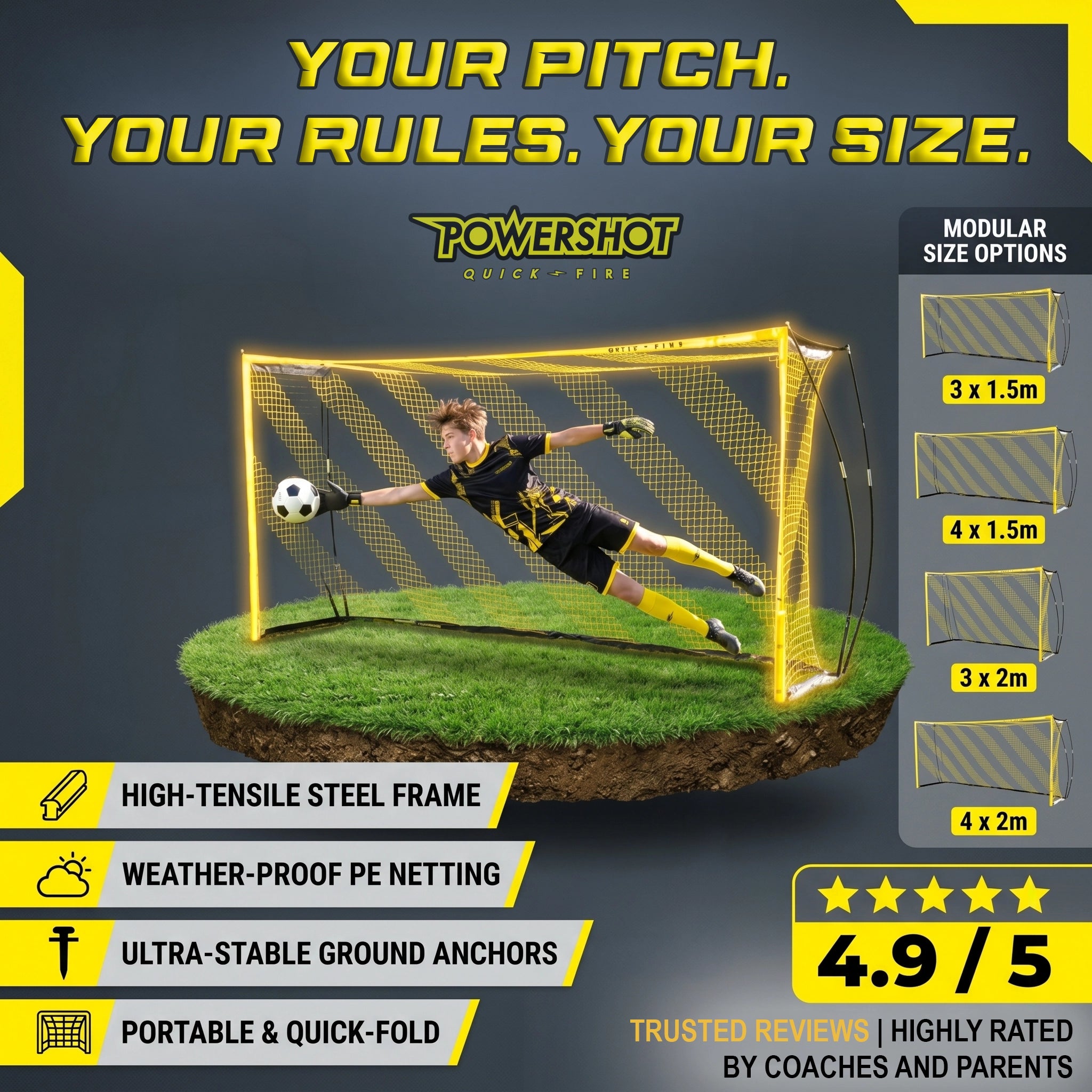 QuickFire® Fußballtor - 3/4m x 1,5/2m - Multisize