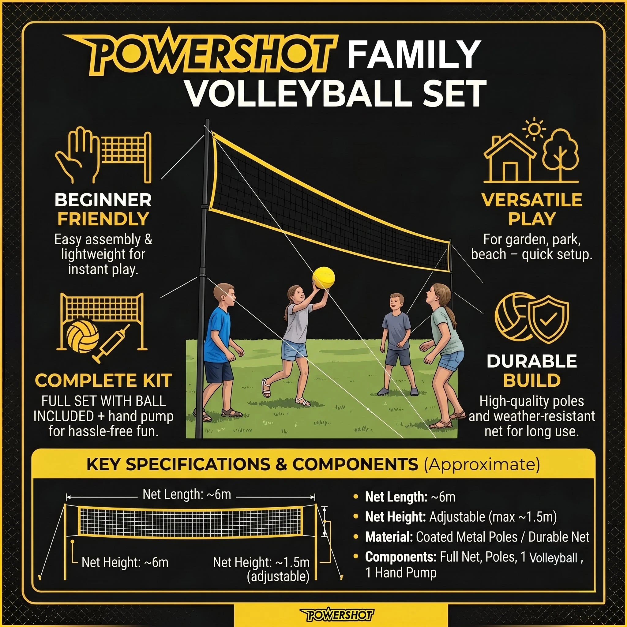 Volleyball-Set 6m - Mit Pfosten, Netz, Ball und Pumpe