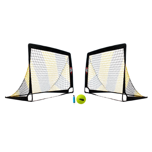 Two football goals with a ball and pump on a white background