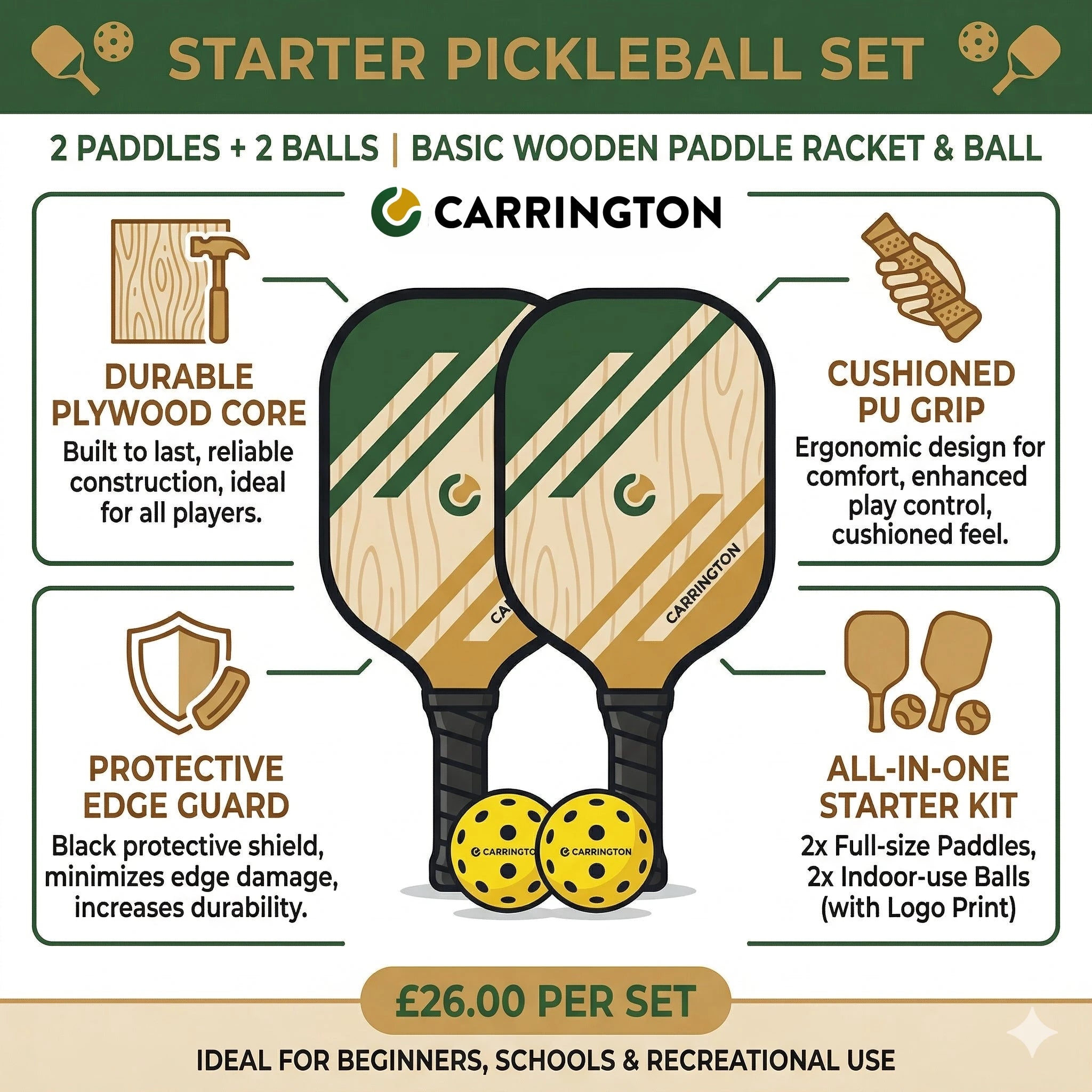 Pickleball - Basic Wooden Paddle-Racket and Ball Carrington